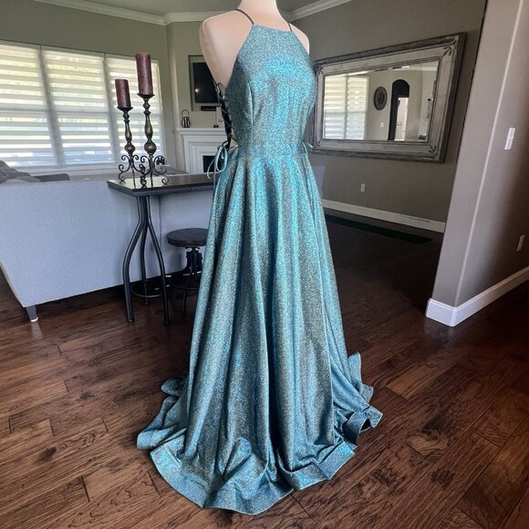 Juliet Formal Gown Size XXL Prom HOCO Dress Teal Sparkle Lace Up Sides High Neck - Picture 4 of 17